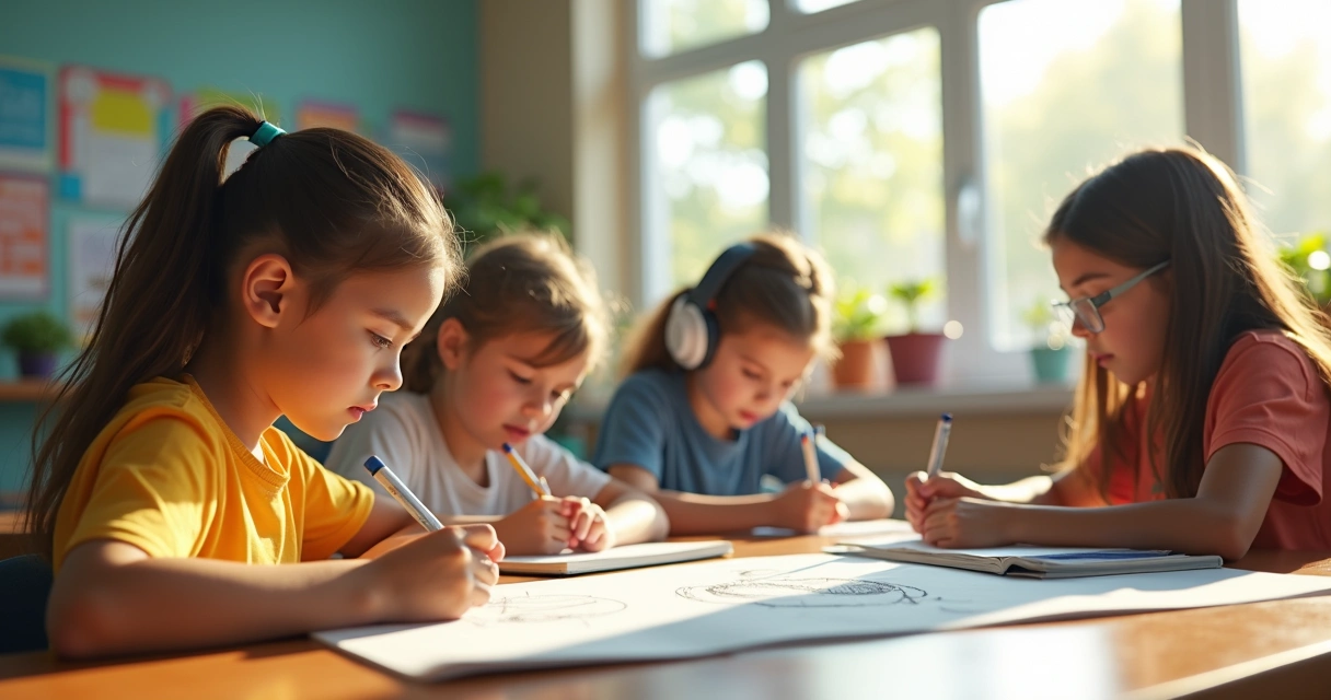 Estudantes em uma sala de aula usando diferentes métodos de estudo