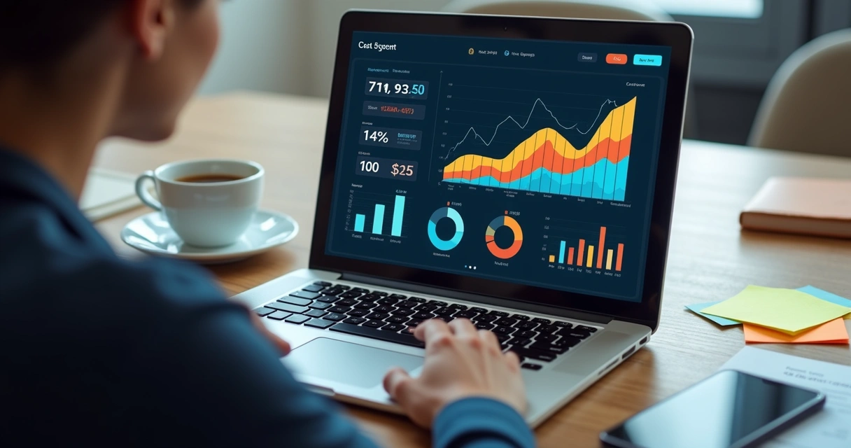 Profissional analisando gráficos e estimativas de custo de software em um notebook.