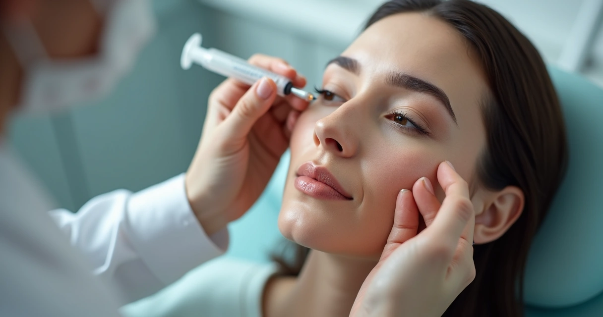 Médica aplicando injeção em paciente com foco no rosto, ambiente profissional e luz suave