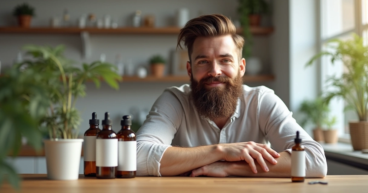 Homem com barba e cabelo densos em ambiente iluminado, produtos como tônicos e minoxidil ao lado 