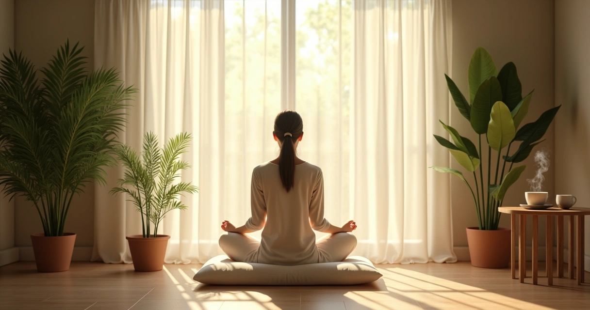 Pessoa sentada em ambiente tranquilo com elementos sensoriais como luz suave, plantas e som ambiente 