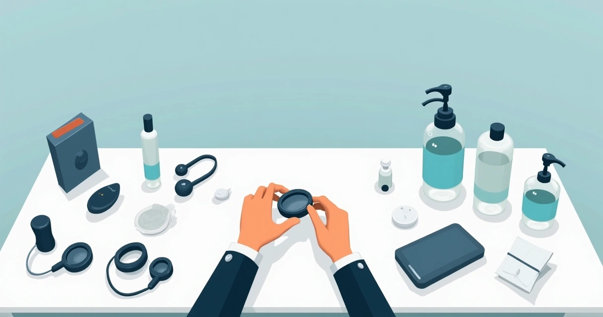 Diferentes estimuladores masculinos e embalagens higiênicas sobre mesa branca 