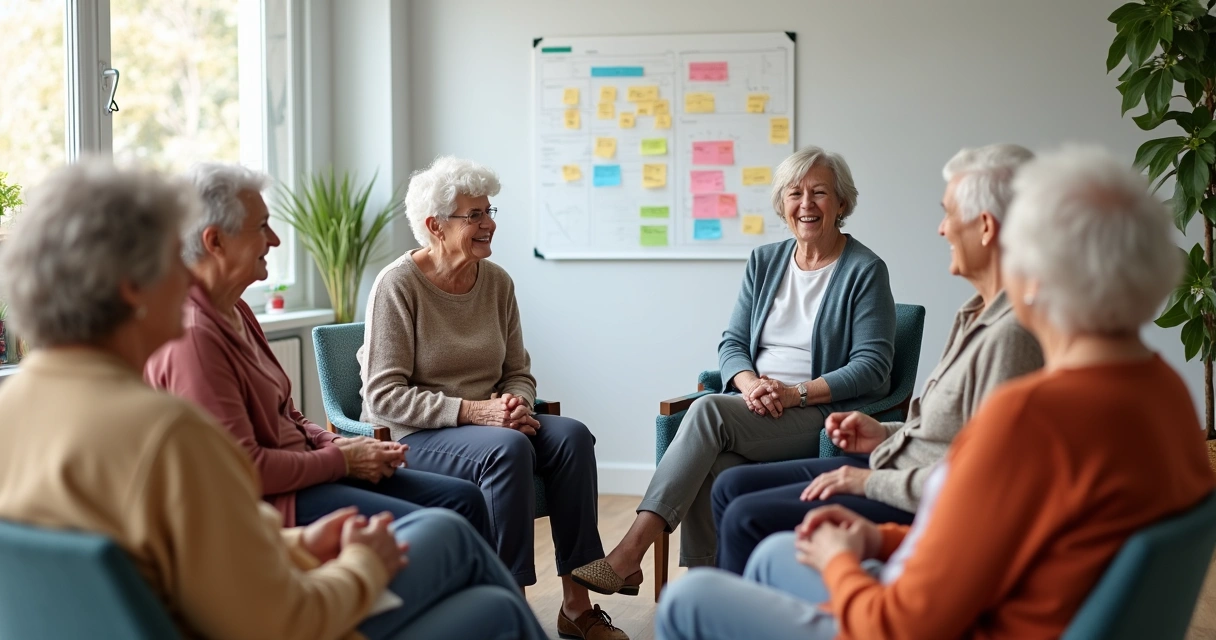 Grupo de idosos realizando atividade de estímulo cognitivo com terapeuta