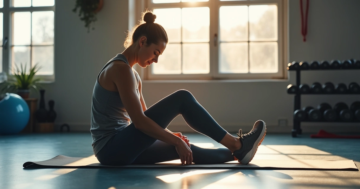 Deportista haciendo estiramiento consciente en un gimnasio 
