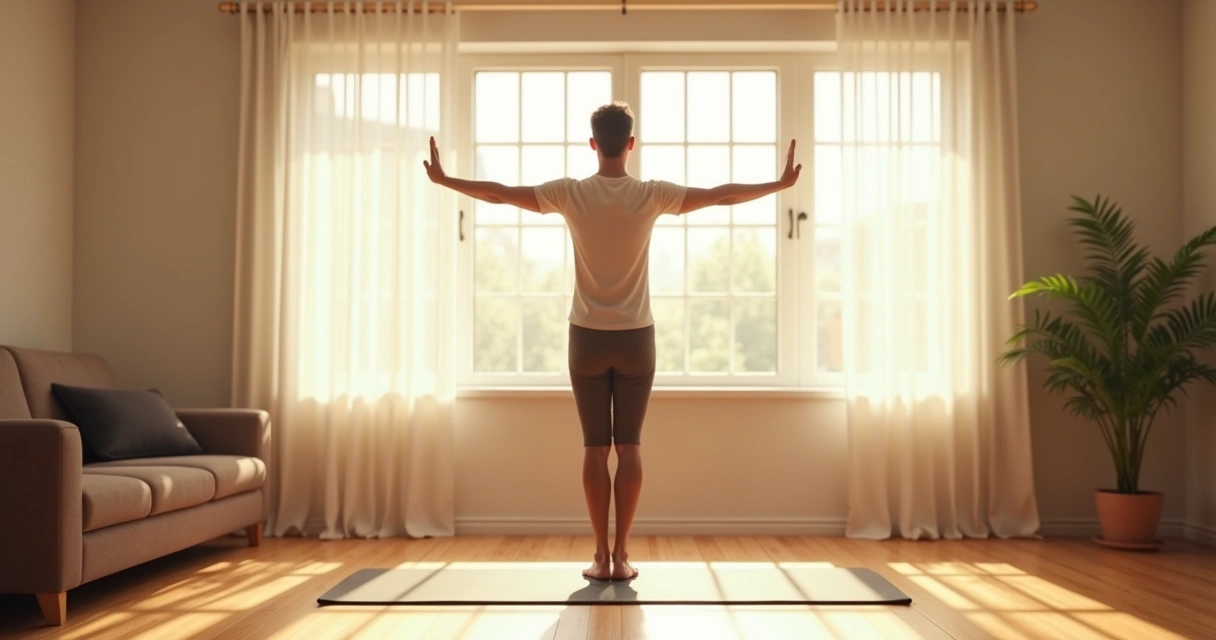 Persona estirando brazos y respirando en casa 