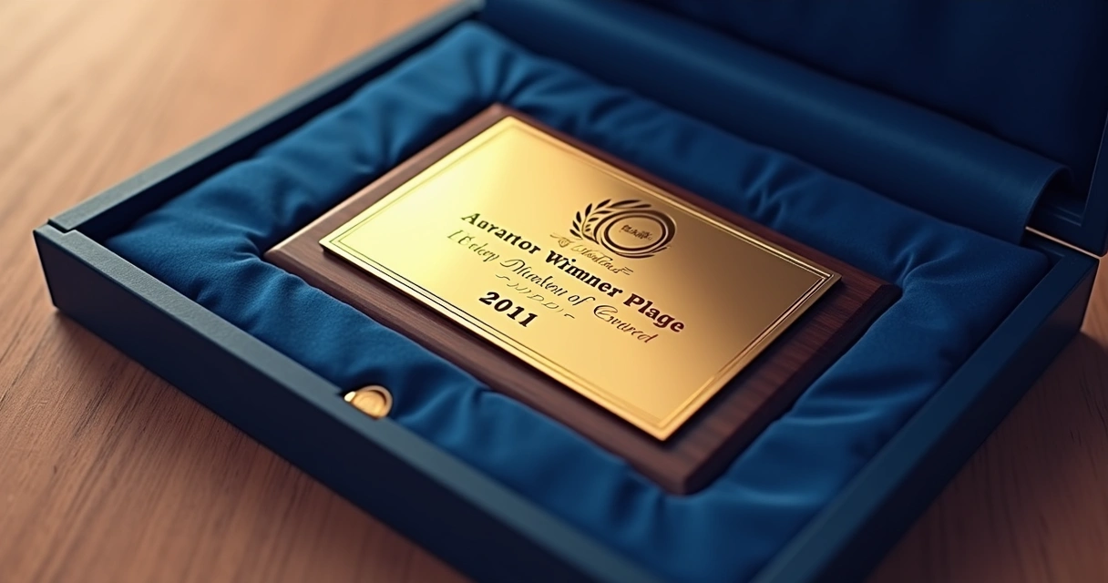 Placa de homenagem dentro de estojo de veludo azul 