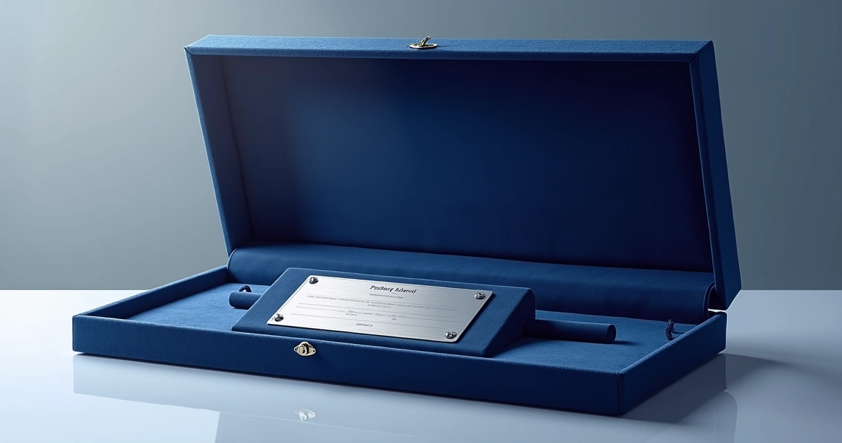 Estojo premium aberto exibindo placa corporativa dentro, tecido aveludado azul e detalhes brilhantes 