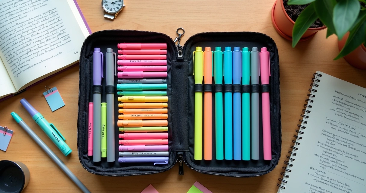 Mesa com estojo aberto mostrando canetas Stabilo e Faber-Castell organizadas lado a lado 