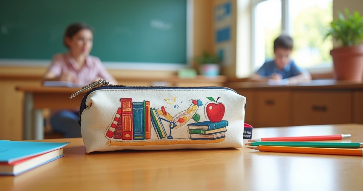 Estojo personalizado com símbolos escolares e nome do professor