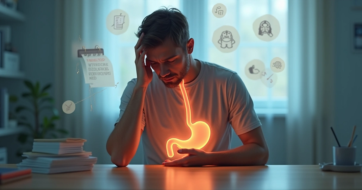 Ilustração de pessoa com silhueta do estômago ligada a elementos de estresse ao redor da cabeça 