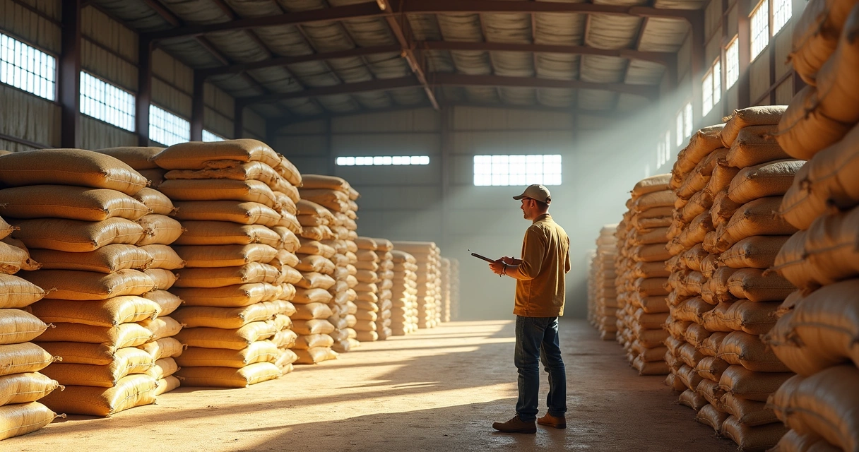 Galpão agrícola com sacas de grãos empilhadas e gestor anotando cargas 