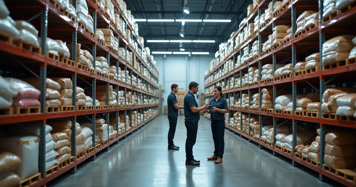 Estoque de ingredientes armazenados em prateleiras industriais 