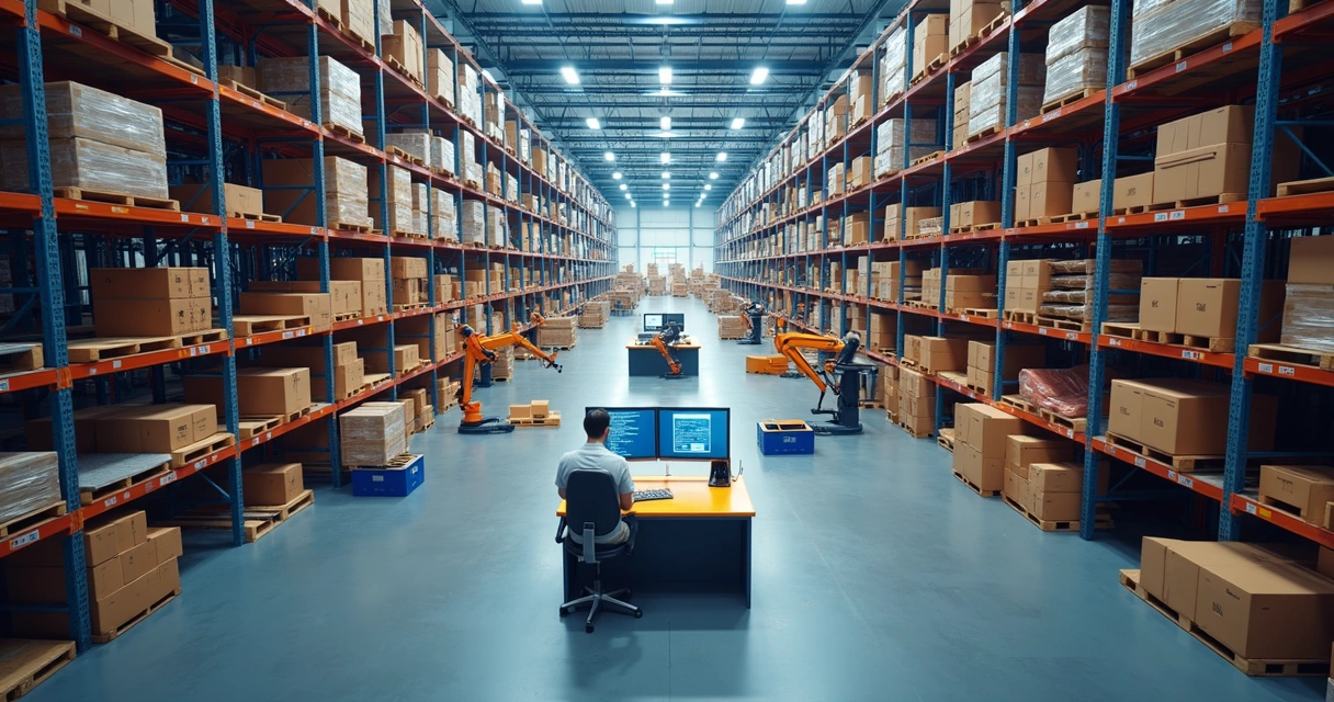 Sistema automatizado de prateleiras em centro de distribuição moderno 