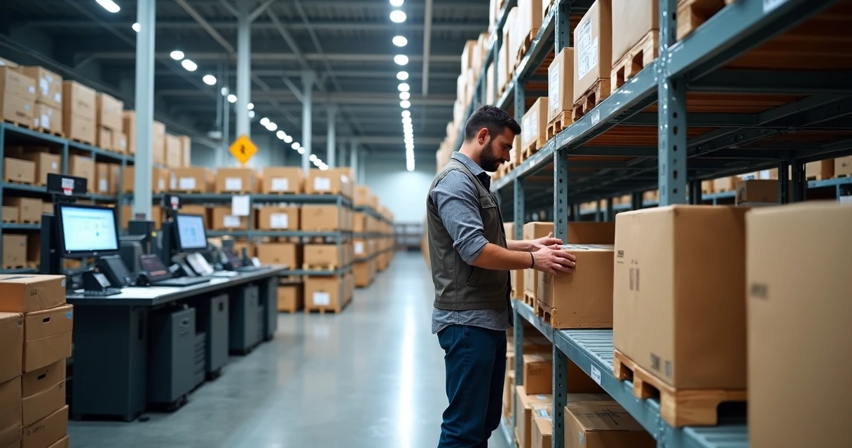 Funcionário organizando prateleiras em centro de distribuição 