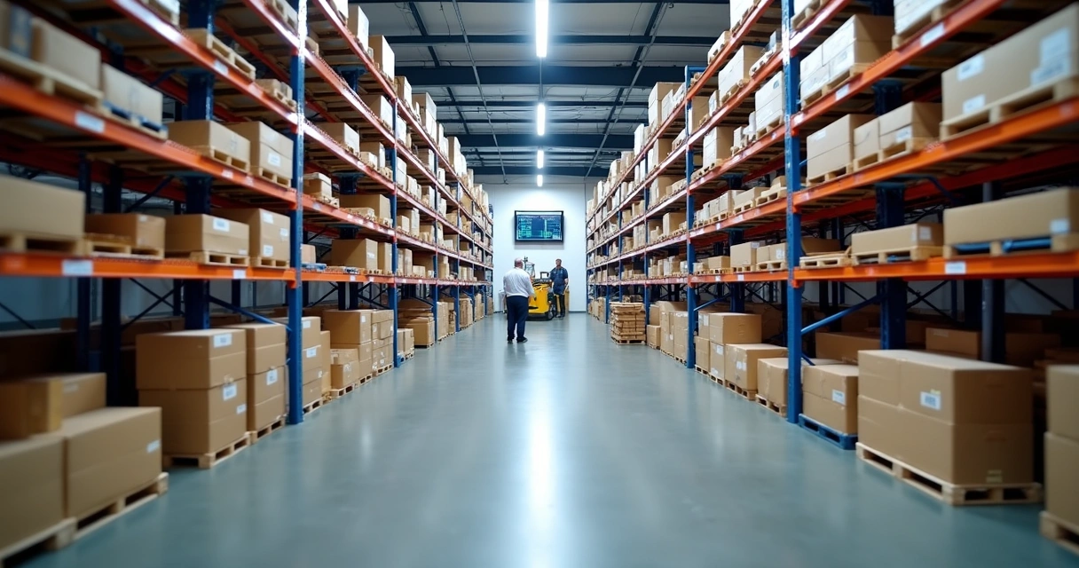 Galpão logístico com prateleiras automáticas cheias de caixas de produtos organizadas