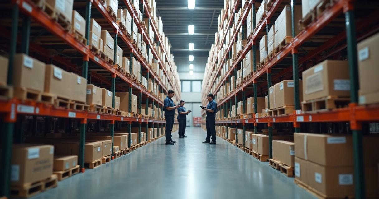 Corredores de estantes com caixas etiquetadas em armazém automatizado 