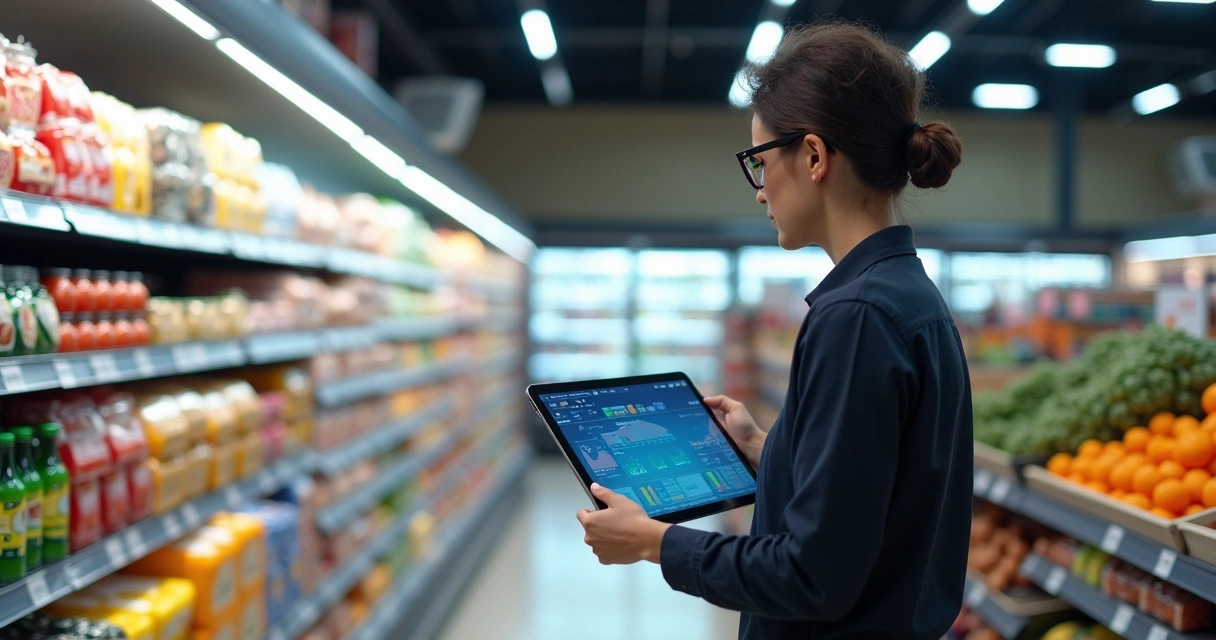 Supervisor de supermercado utiliza tablet para organizar estoque digital