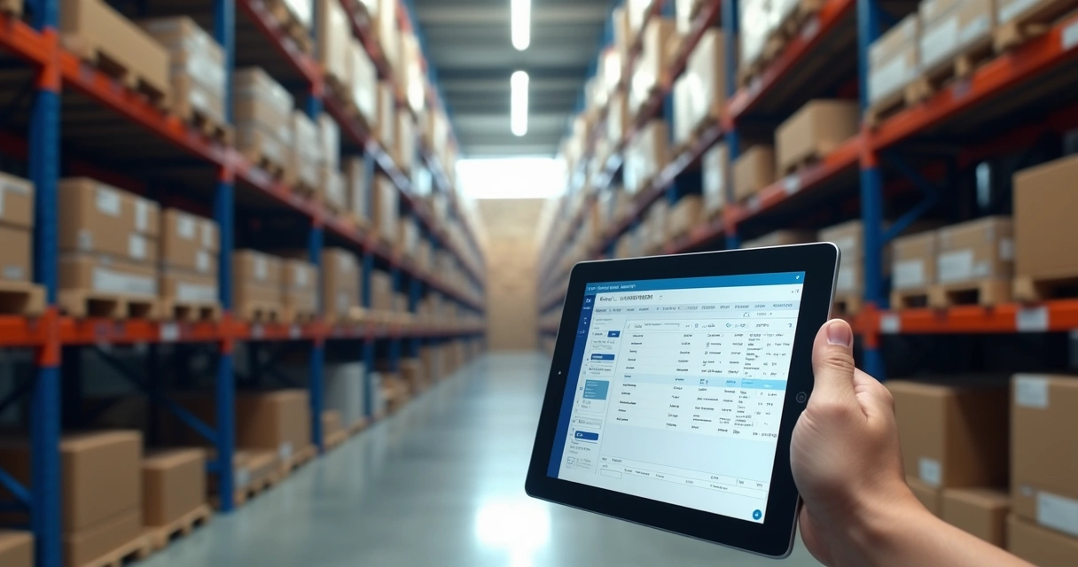 Corredores de estoque de autopeças organizados, com códigos de mercadorias e sistema de gerenciamento no tablet