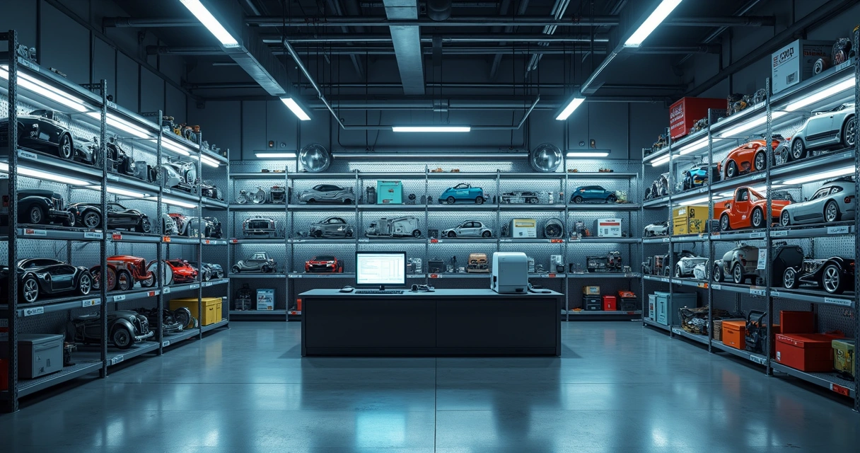 Prateleira de autopeças organizada com código digital