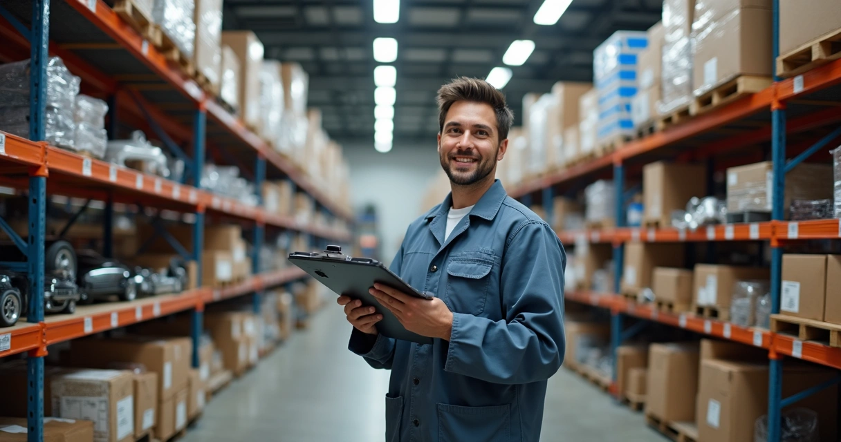 Funcionário faz inventário em prateleira cheia de peças automotivas