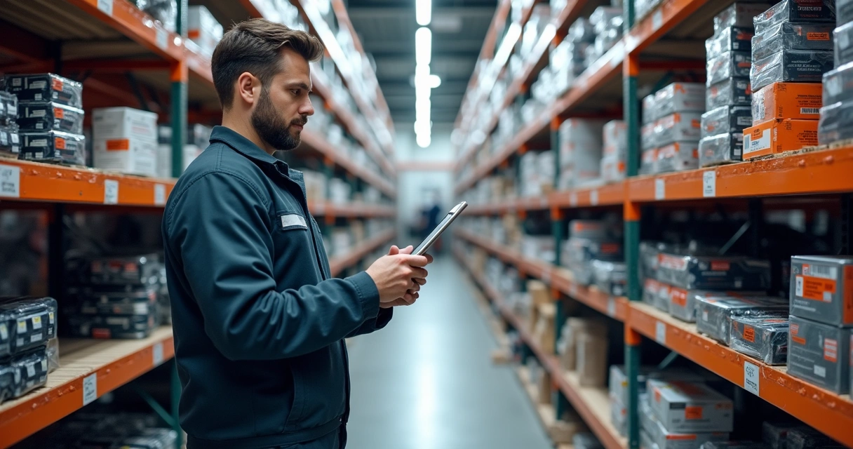 Corredores de prateleiras de peças automotivas bem organizadas com códigos visíveis 