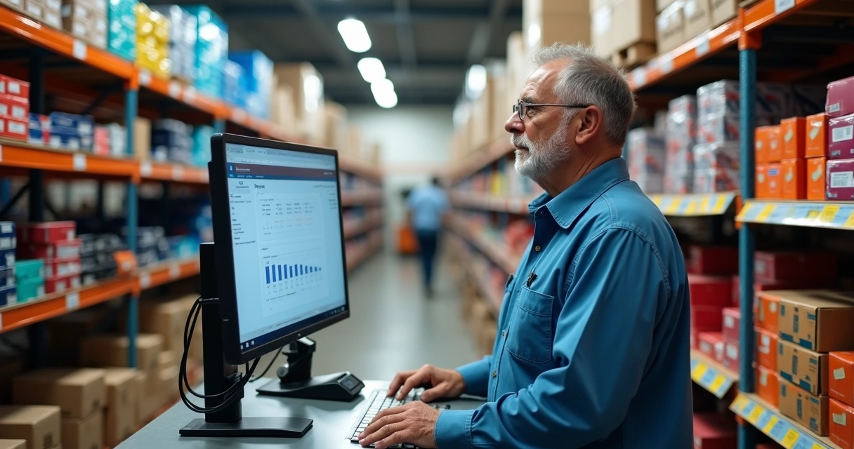 Gestor de autopeças utilizando terminal de computador para gerenciar estoque 