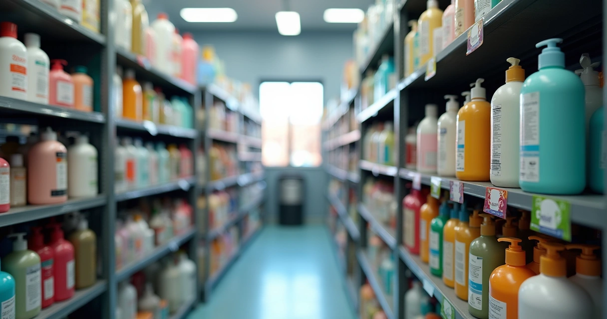 Prateleira organizada com shampoos para banho e tosa em petshop