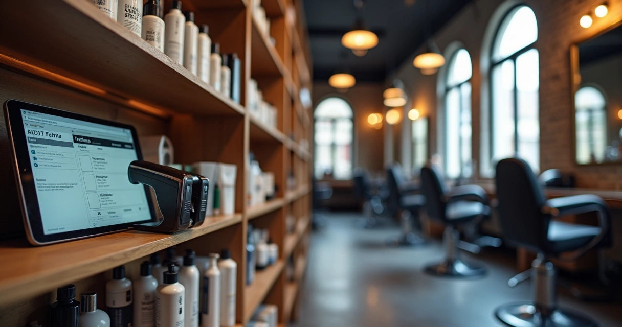 Prateleiras de barbearia com caixas de produtos organizados 