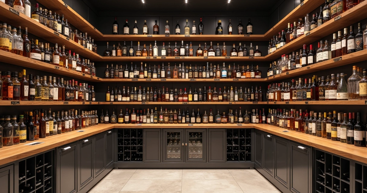 Prateleiras de estoque com garrafas de bebidas organizadas por categoria e etiquetas visíveis 