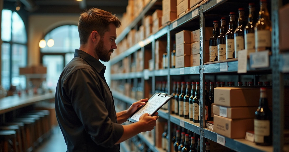 Gestor conferindo estoque de bebidas em tablet no bar 