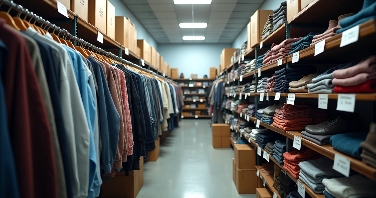 Estoque de brechó online com roupas organizadas em prateleiras e etiquetas visíveis 