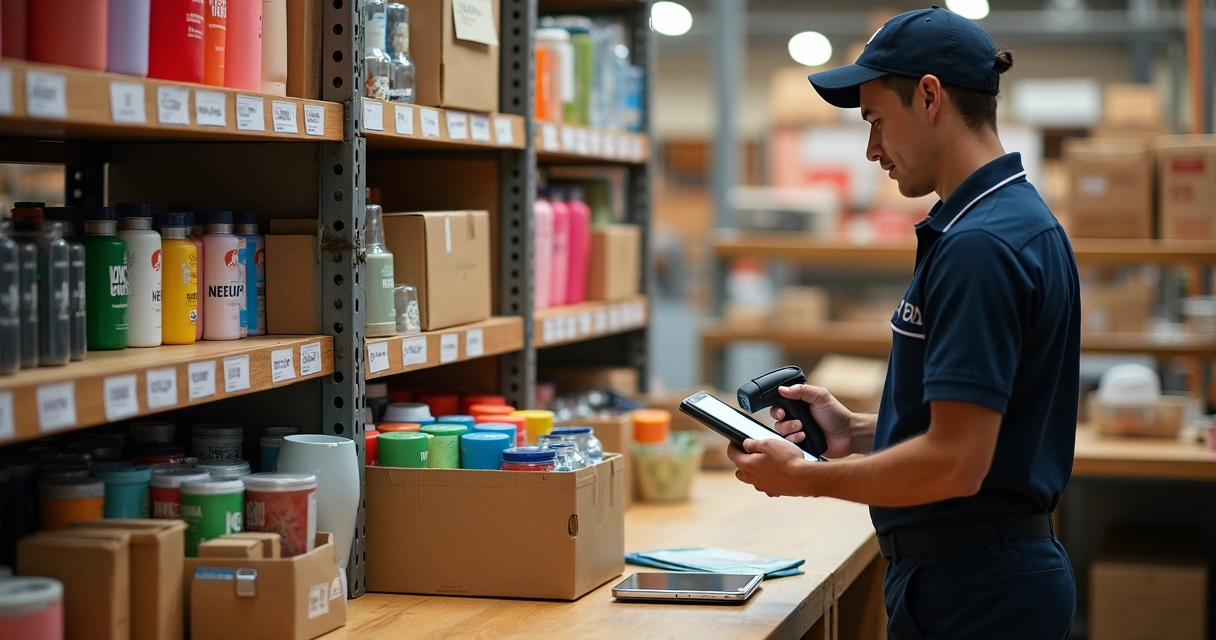 Caixas de brindes organizadas em prateleiras de estoque de PDV 
