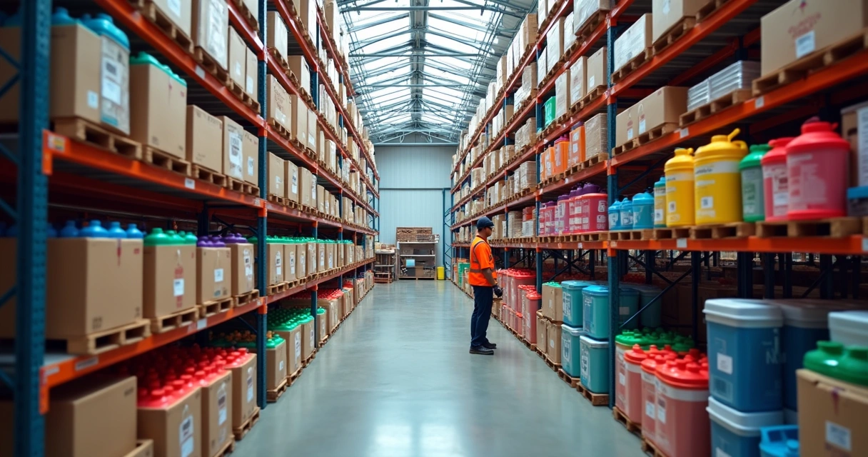 Estoque de brindes personalizados organizados em prateleiras 