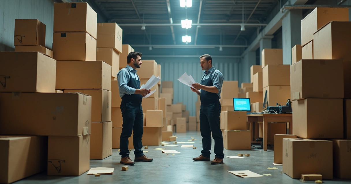 Estoque desorganizado com caixas empilhadas e funcionários confusos 