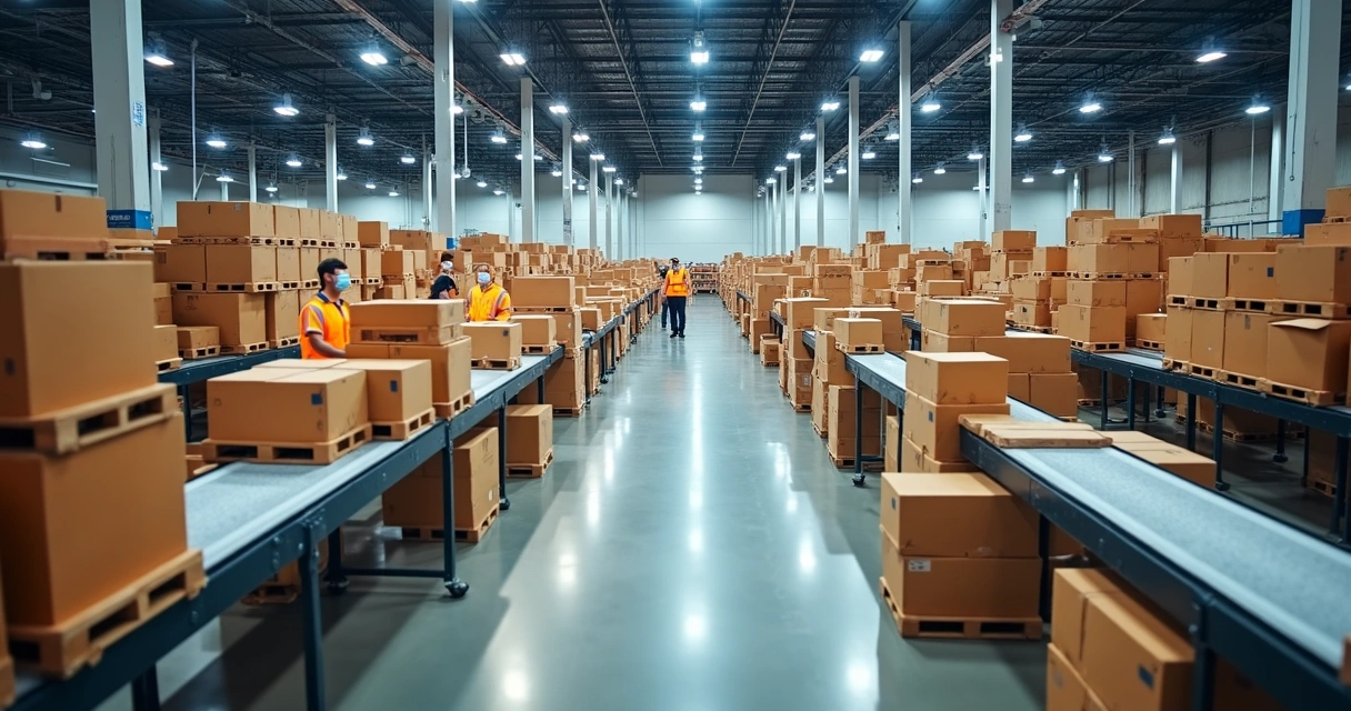 Mercado Livre vai barrar produtos no Full em 20 de maio e isso pode derrubar suas vendas 1 Funcionários em um centro de distribuição organizando caixas em esteiras