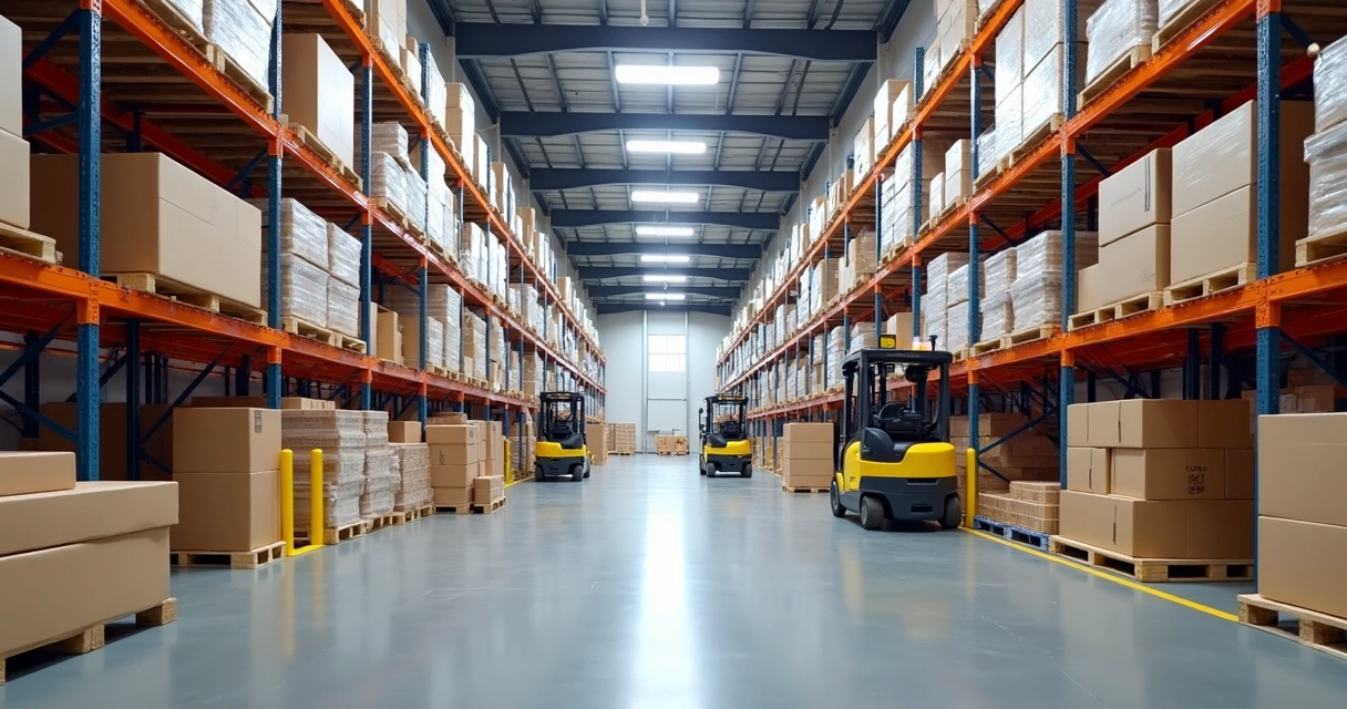 Corredores de estoque organizados com caixas e paletes empilhados em galpão logístico 