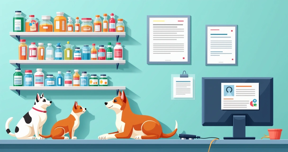 Prateleira organizada com medicamentos veterinários e etiquetas visíveis 