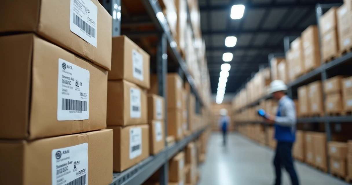 Caixas com etiquetas de código de barras em depósito 