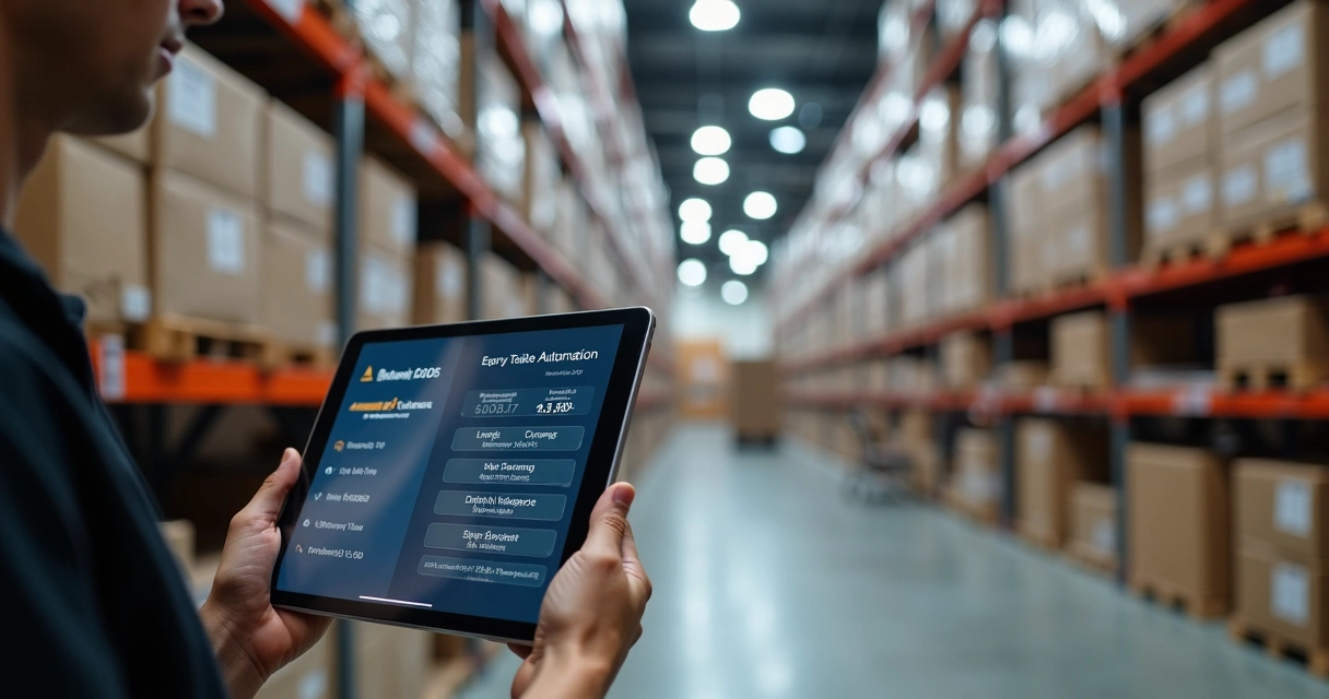 Visão de estoque organizado com códigos de barras e tablets de monitoramento 