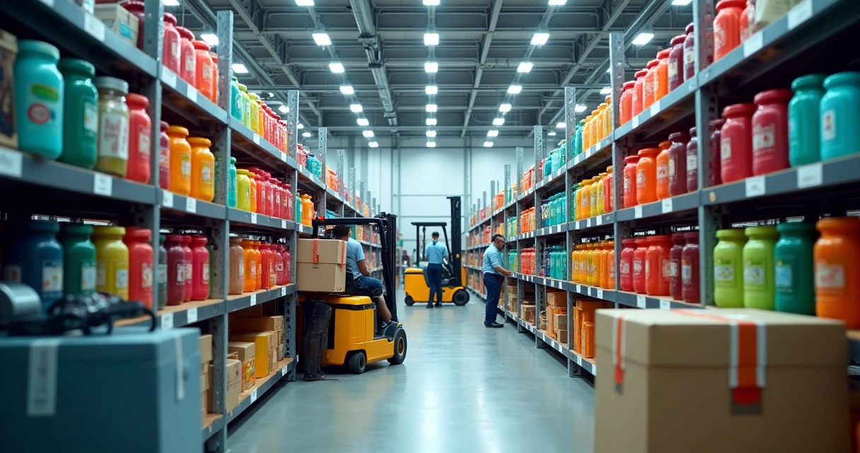Grandes estoques de coqueteleiras em prateleiras de fábrica 