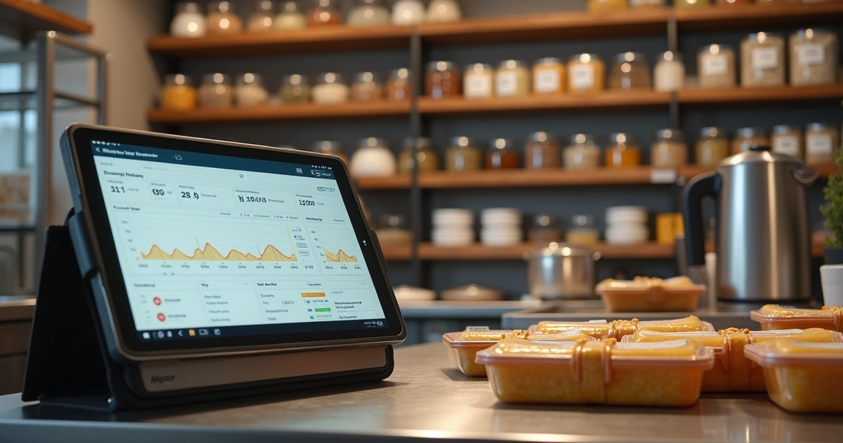 Cozinha de delivery com estoque organizado e tela de previsão 