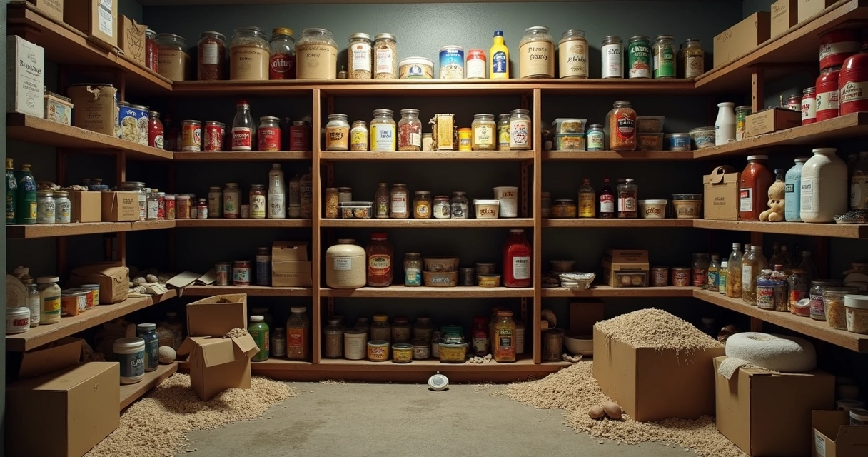 7 causas silenciosas de infestação de pragas em restaurantes 2 Dispensa com embalagens abertas e produtos em prateleiras baixas