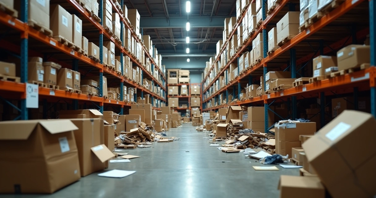 Prateleiras desorganizadas com caixas empilhadas irregularmente 