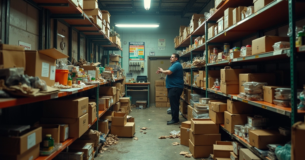 Caixas e produtos empilhados desorganizadamente em um estoque 