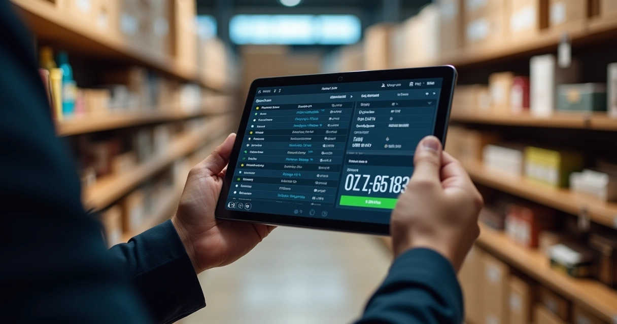 Controle de estoque digitalizado em tablet com prateleiras de loja ao fundo