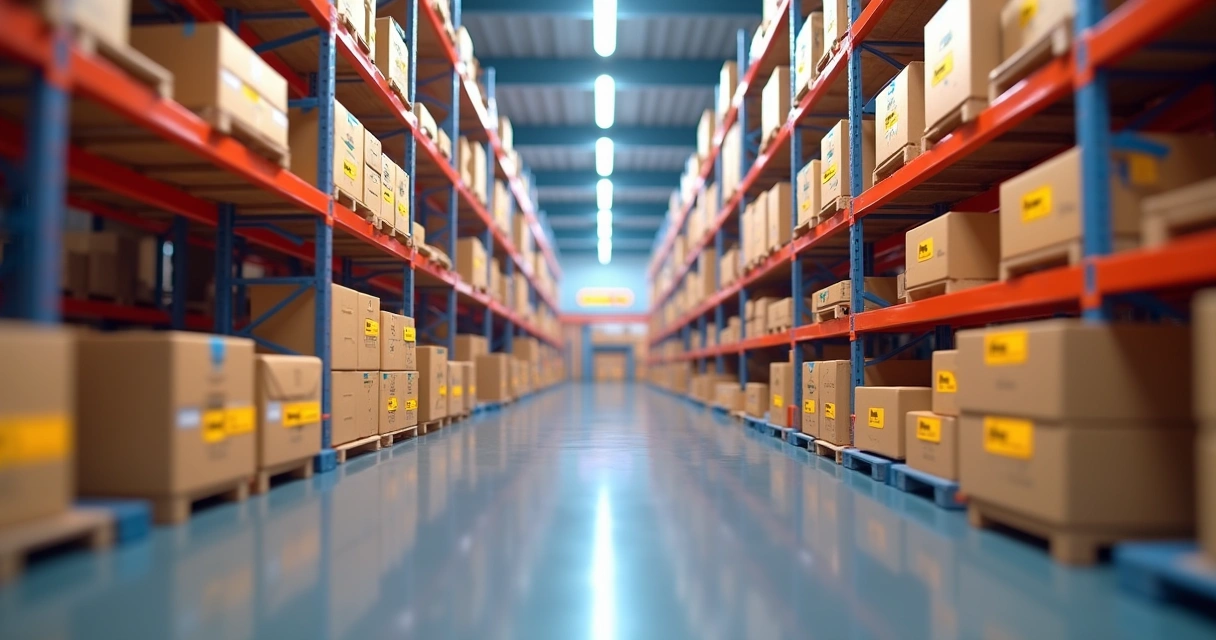 Estoque organizado com caixas de produtos variados e etiquetas de cores diferentes 