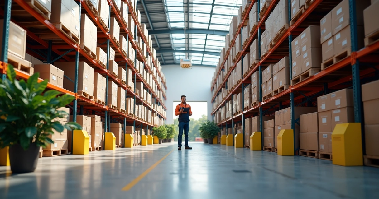 Estoque de centro de distribuição com caixas organizadas e paletes em galpão moderno