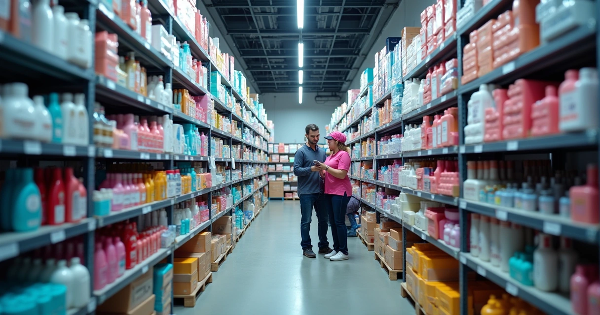 Prateleira organizada de produtos de beleza em estoque 