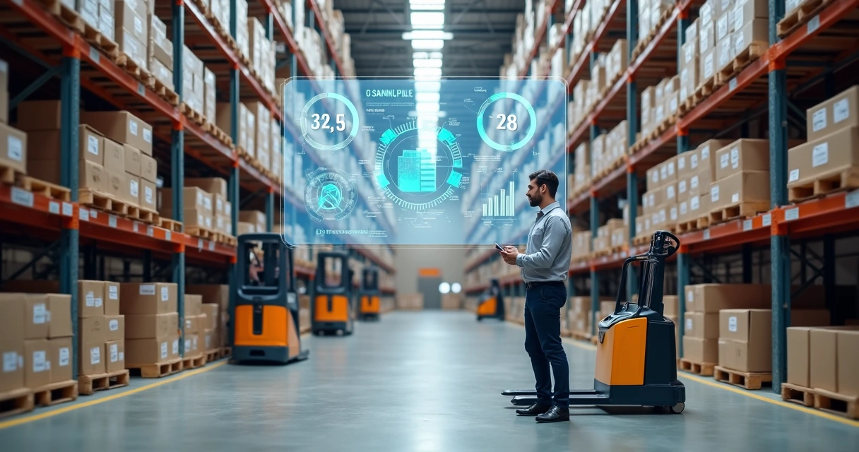 Gestor de distribuidora observando estoque alto com painel de ERP projetado na parede 