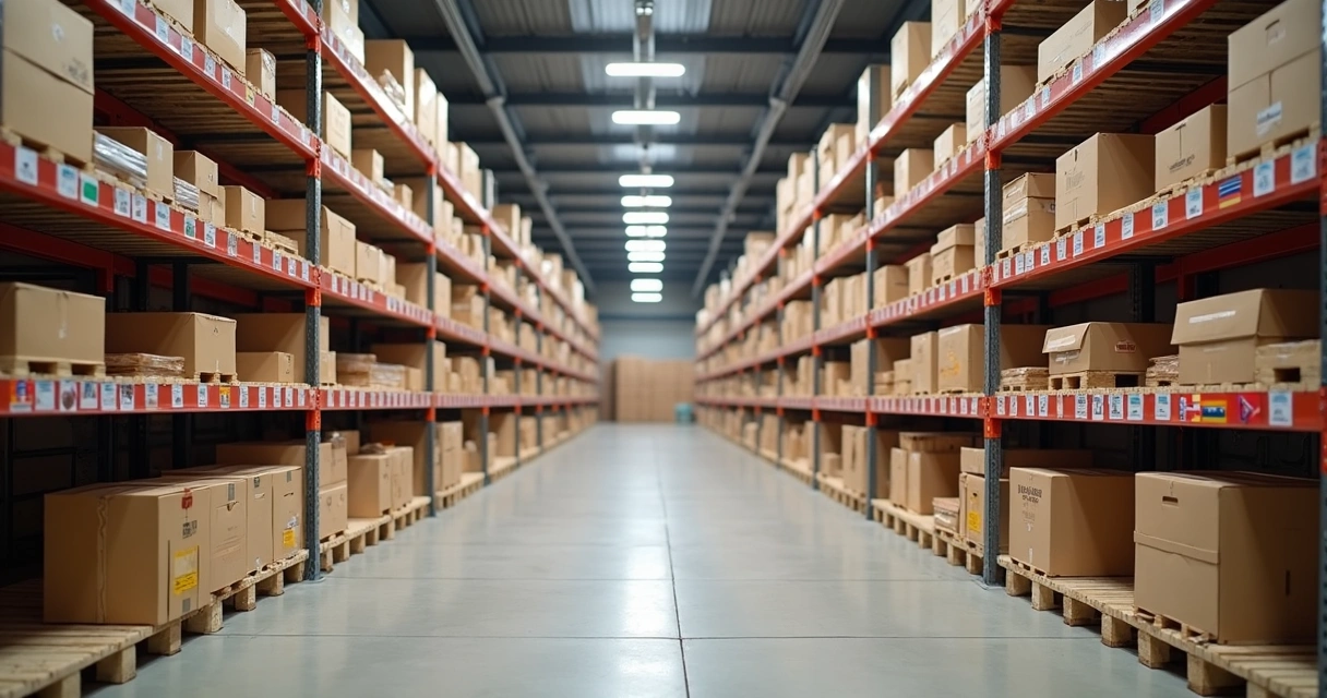 Vista de um armazém com caixas de diversos tamanhos, fornecedores internacionais e esteiras de transporte